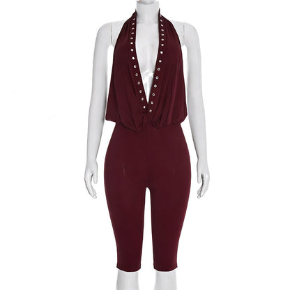 DZHT J26JP015 spring rivet halter backless cropped jumpsuit