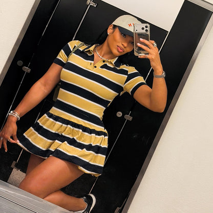 DLS summer lapels vintage stripe sports fashion short sleeve dress