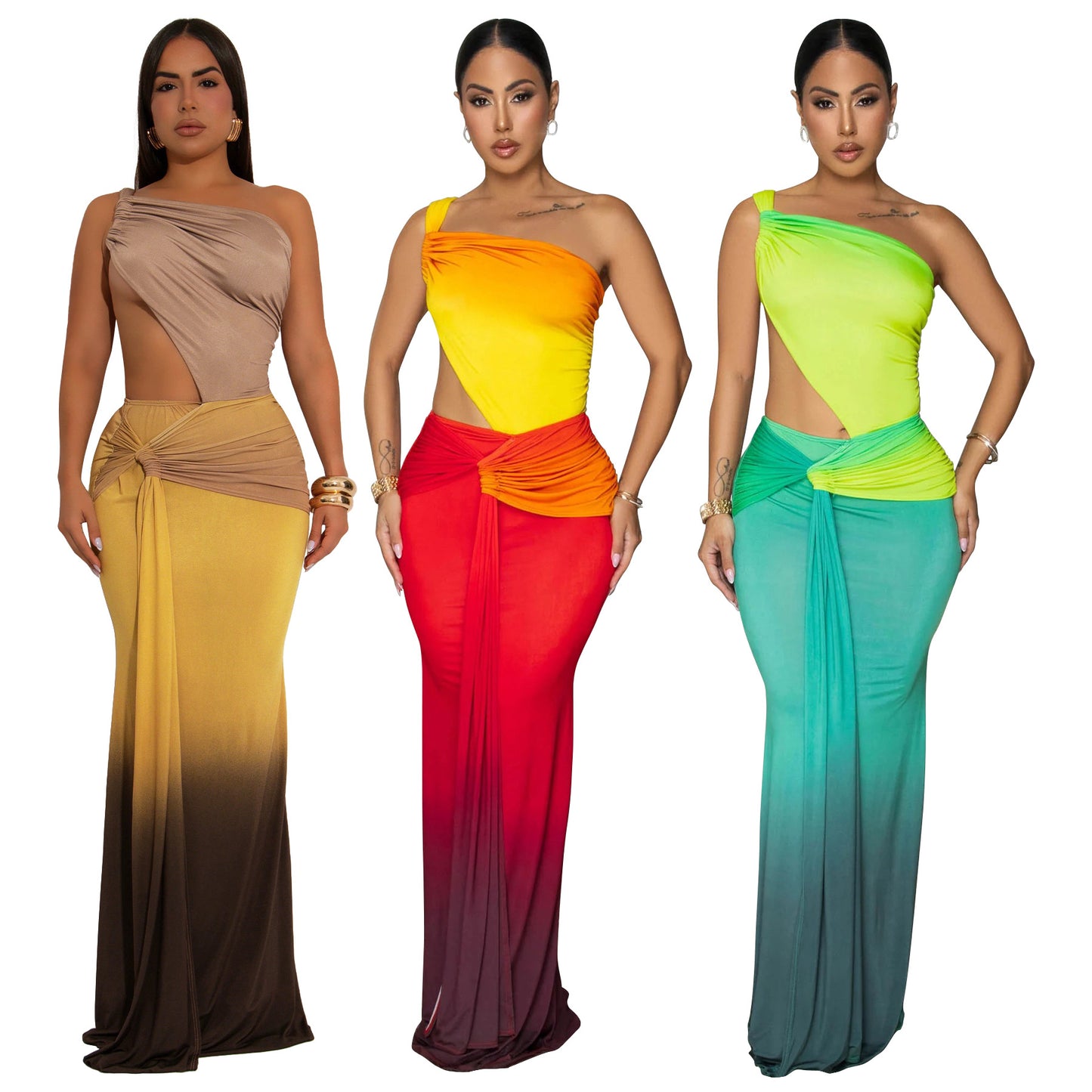 MYF (S-2XL) 10877 midriff outfit gradient dress one-shoulder dress summer
