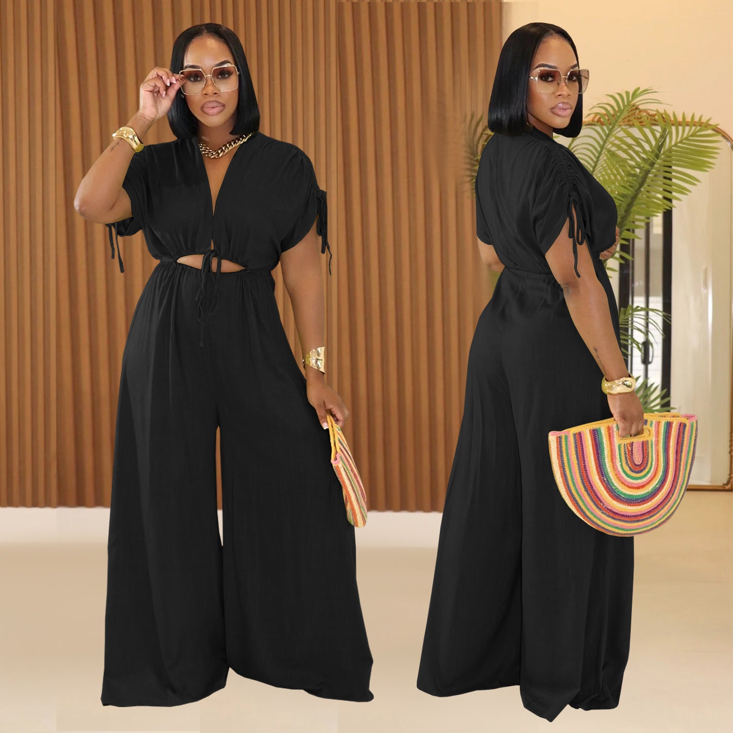 XYZ C7388 casual V-neck lace-up wide-leg jumpsuit