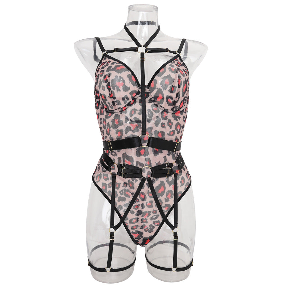 Leopard print sheer mesh strap sexy lingerie with steel ring body-shaping corsets 1917