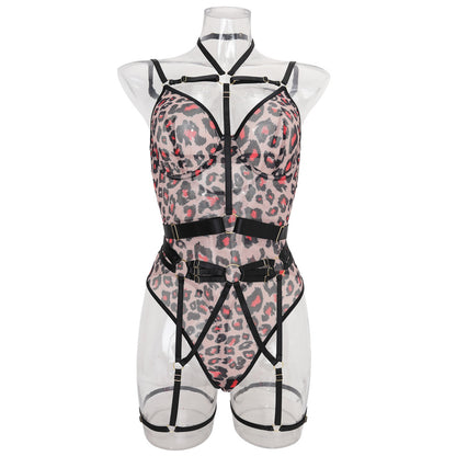 Leopard print sheer mesh strap sexy lingerie with steel ring body-shaping corsets 1917
