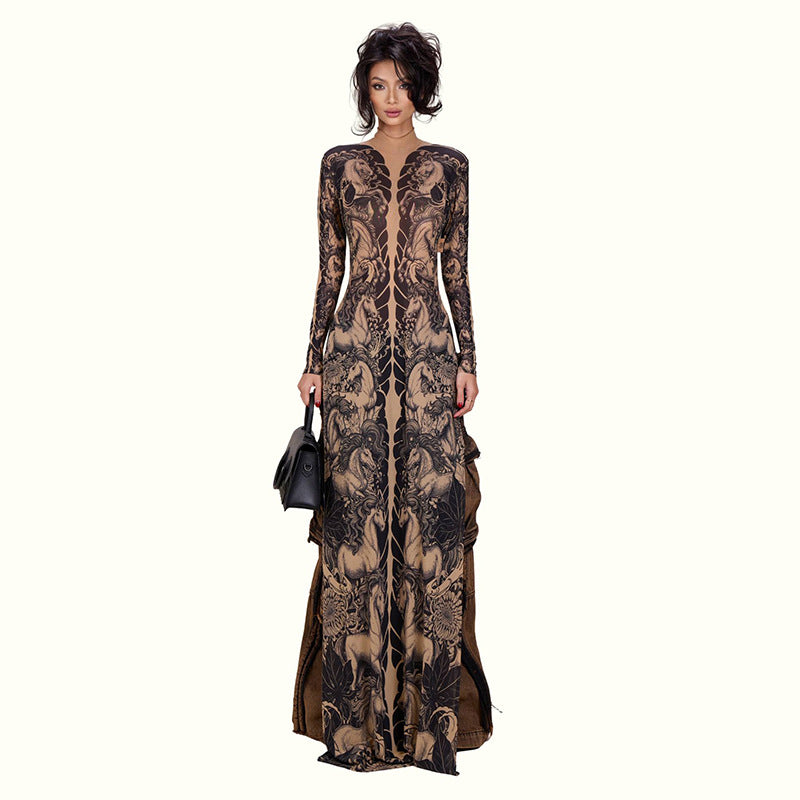 DLS Spring animal print long sleeve half turtleneck slim-fit slimming long top