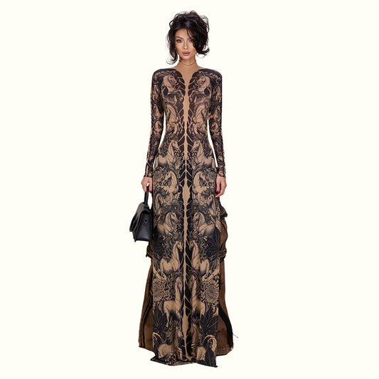 DLS Spring animal print long sleeve half turtleneck slim-fit slimming long top