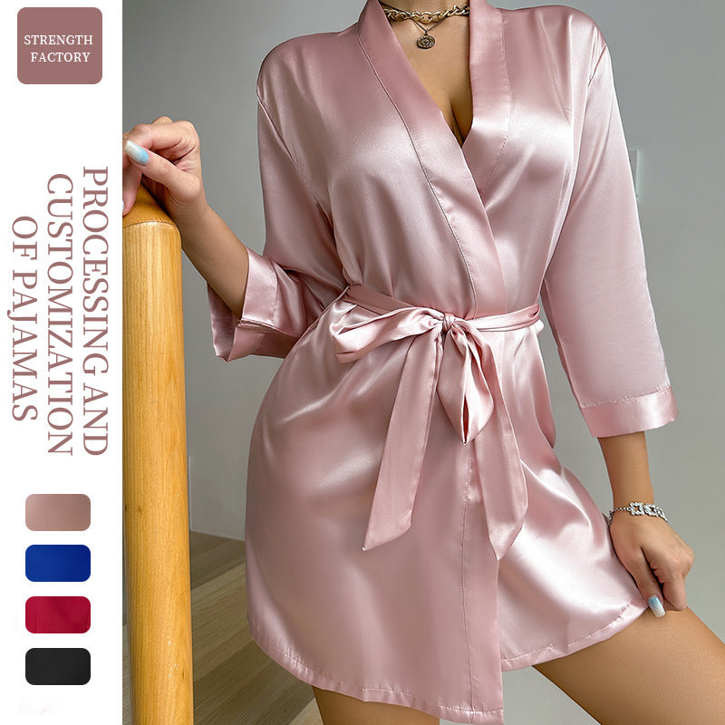 DNL solid color one-piece nightdress breathable strap dress Ice Silk
