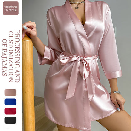 DNL solid color one-piece nightdress breathable strap dress Ice Silk