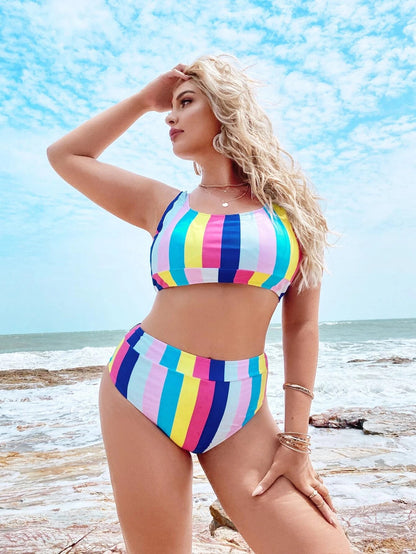 LF (L-4XL) women's split color printing swimsuit plus size