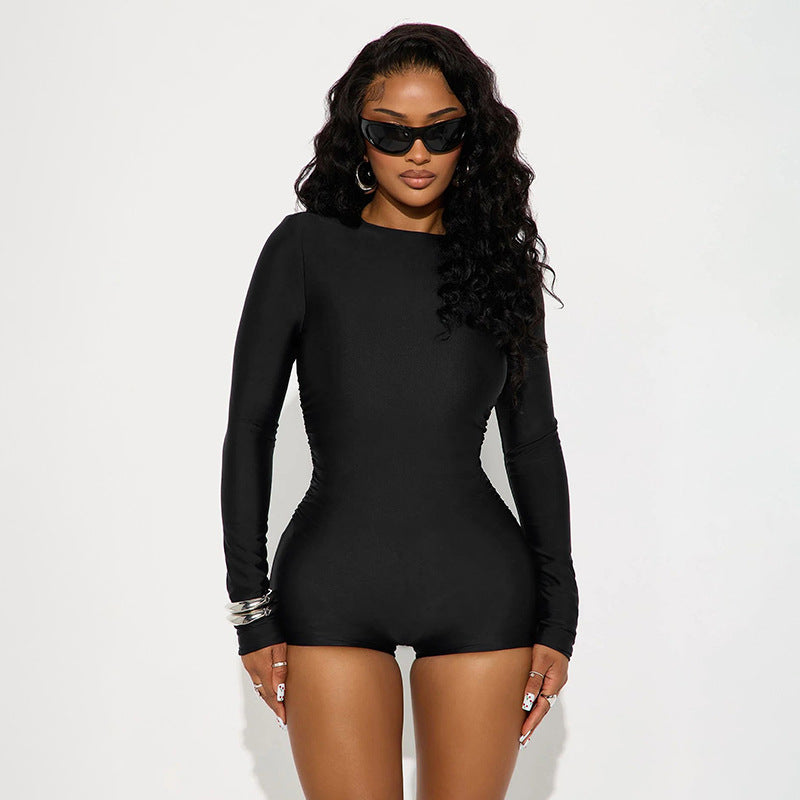 DZHT J25RP443 round neck long sleeve casual tight pure desire one-piece shorts