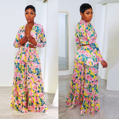 GY (L-3XL) K2749 wide leg pleated smocking lace band plus size long-sleeve suit two-piece set