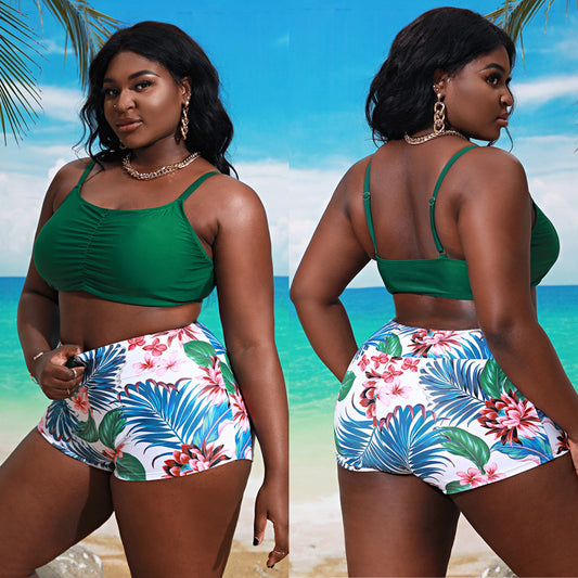 LF (L-4XL) women's split color printing swimsuit plus size