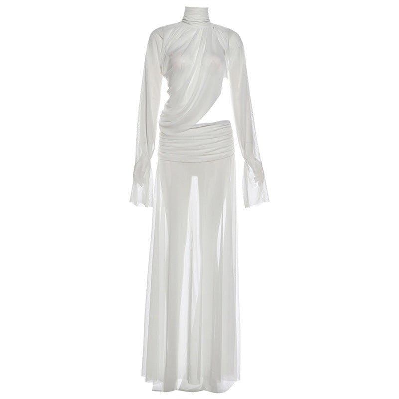 SXR winter see-through turtleneck bell sleeve top split dress suit