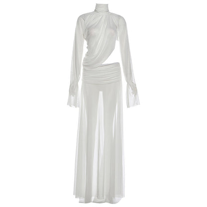 SXR winter see-through turtleneck bell sleeve top split dress suit