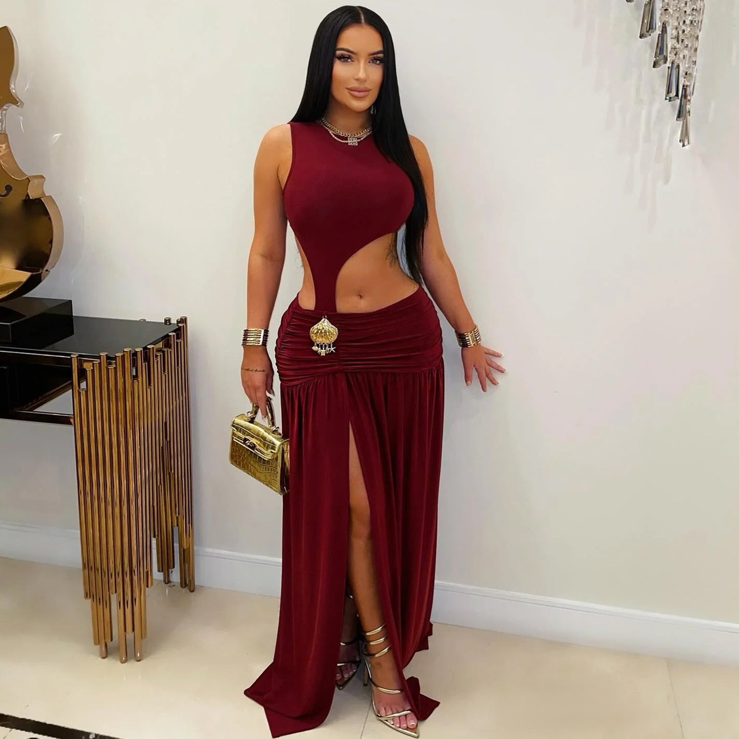 XYZ C7597 sleeveless midriff-baring slit dress