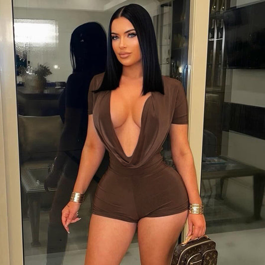 DZHT D25RP581 deep V swing collar short sleeve tight one-piece shorts