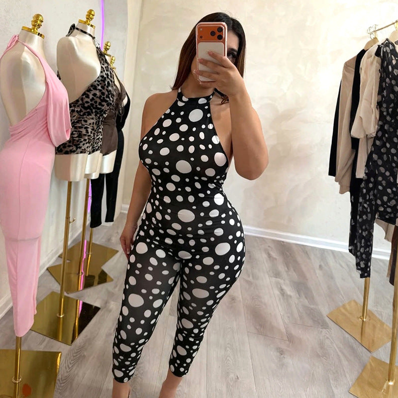 DZHT D26JP077 spring/summer polka dot print halter strap bare back tight one-piece trousers