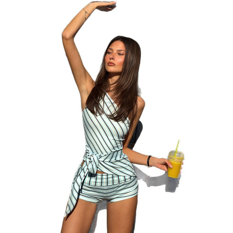 DLS summer shoulder lace-up waist-controlled top striped printed low waisted shorts suit