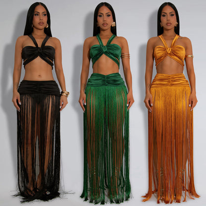XYZ C7438 shoulder strap top tassel dress two-piece set