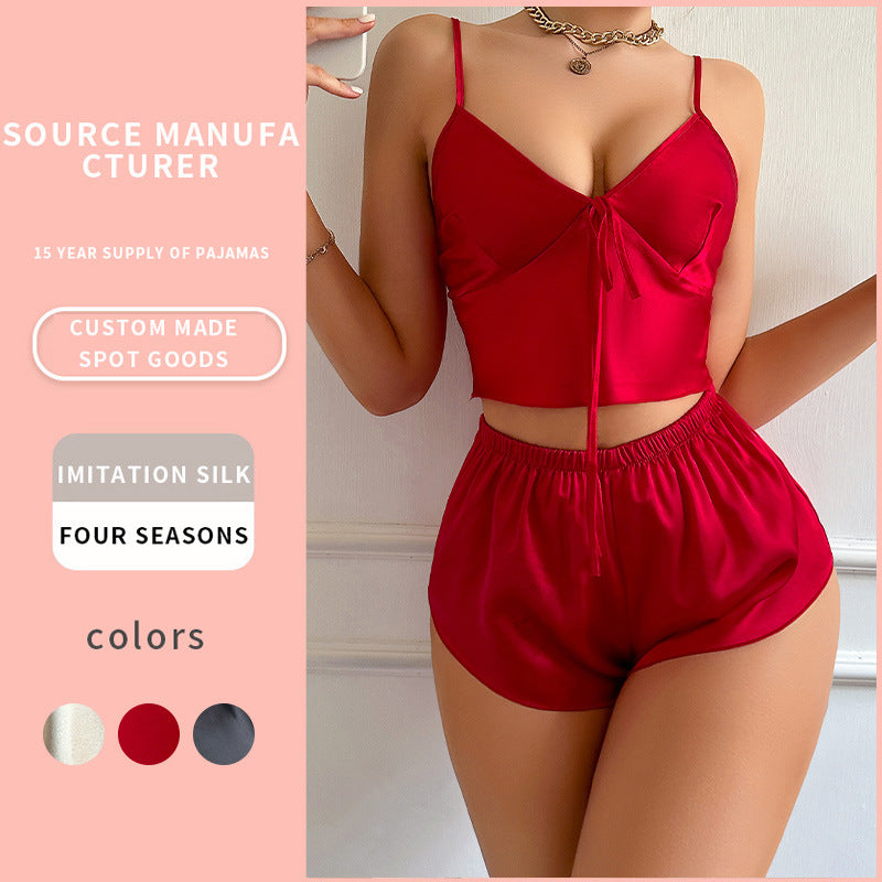DNL silk suspenders solid color suspenders pajamas shorts two-piece pajamas pajama pants suit
