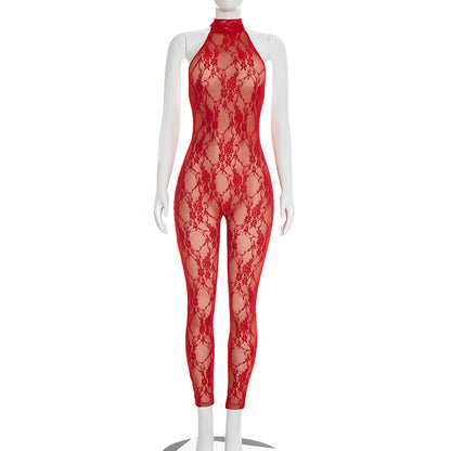 DZHT D26JP058 sleeveless slim-fit see-through lace halter strap one-piece trousers