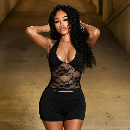DZHT J26ST192 lace stitching halter strap backless top shorts suit
