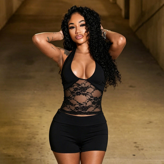 DZHT J26ST192 lace stitching halter strap backless top shorts suit