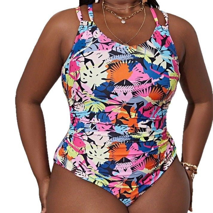 CL (L-4XL) plus size swimsuit with chest pad women's one-piece cross strap bikini