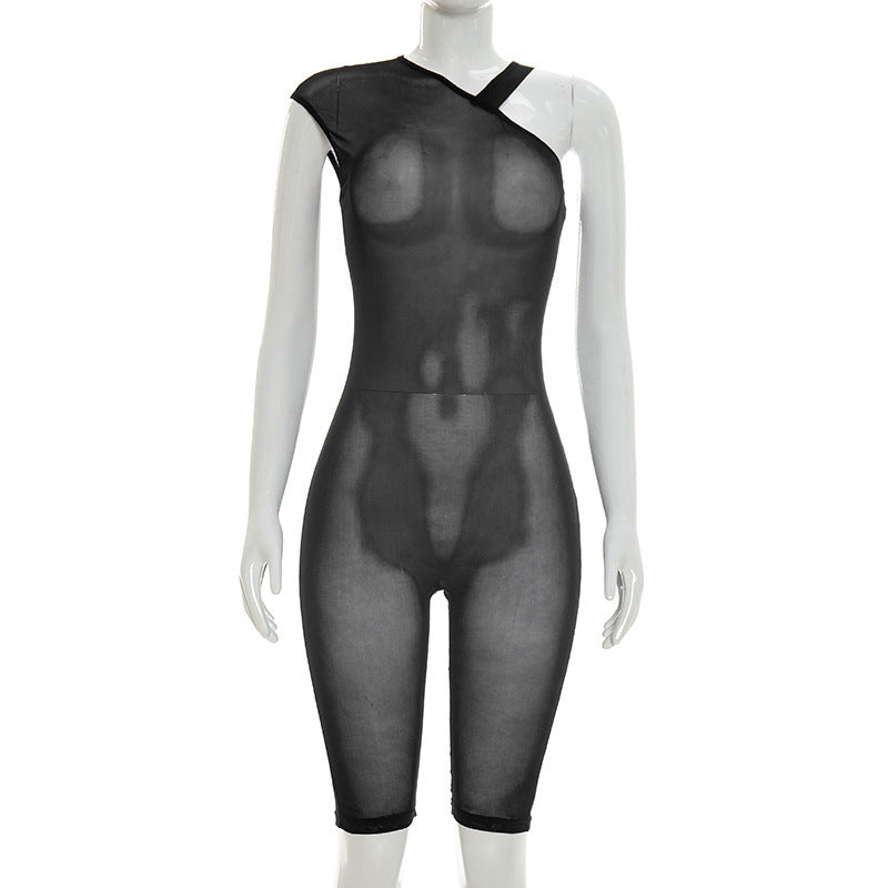 DZHT J26JP150 pure color mesh see-through tight shoulder one-piece pants