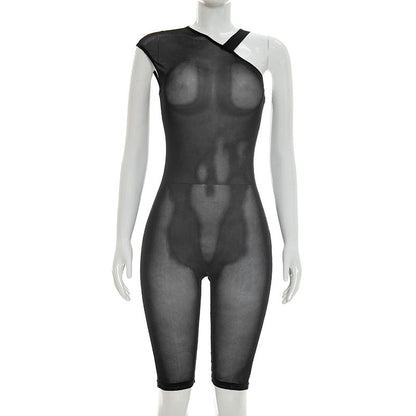 DZHT J26JP150 pure color mesh see-through tight shoulder one-piece pants