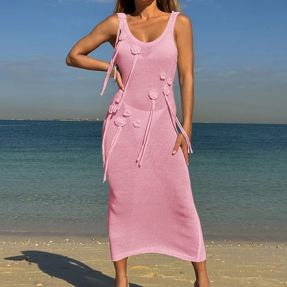 CYB dress three-dimensional flower U-neck sling back slit beach dress