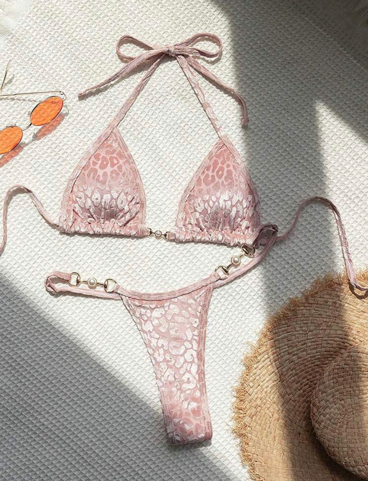 (4 days ready to ship) SY T-shaped pearl leopard special fabric swimsuit bikini
