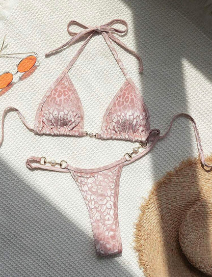(4 days ready to ship) SY T-shaped pearl leopard special fabric swimsuit bikini