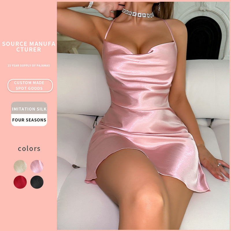 DNL suspender skirt ice silk silk nightdress artificial silk backless strap nightdress women