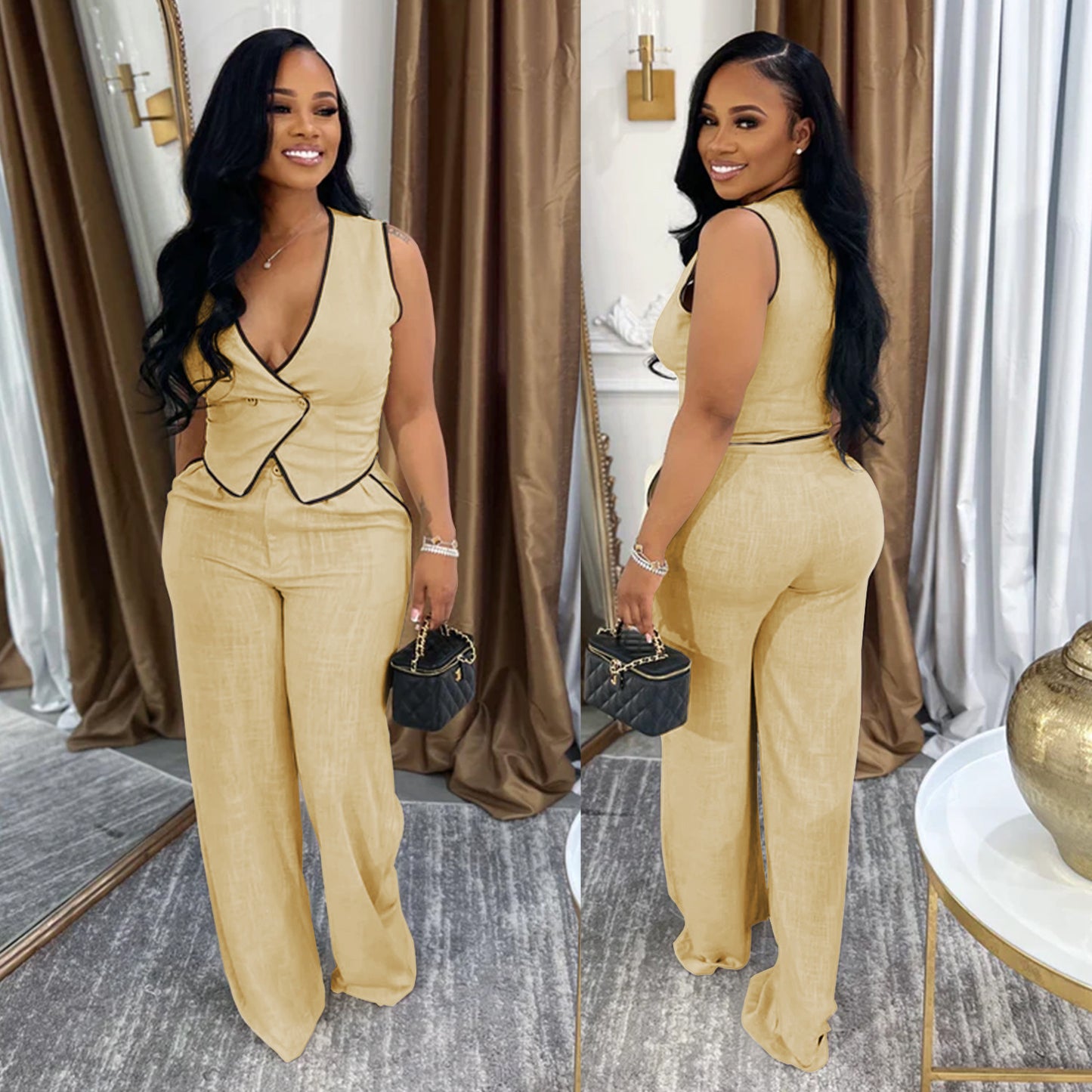 XYZ C7402 casual V-neck button top trousers two-piece set