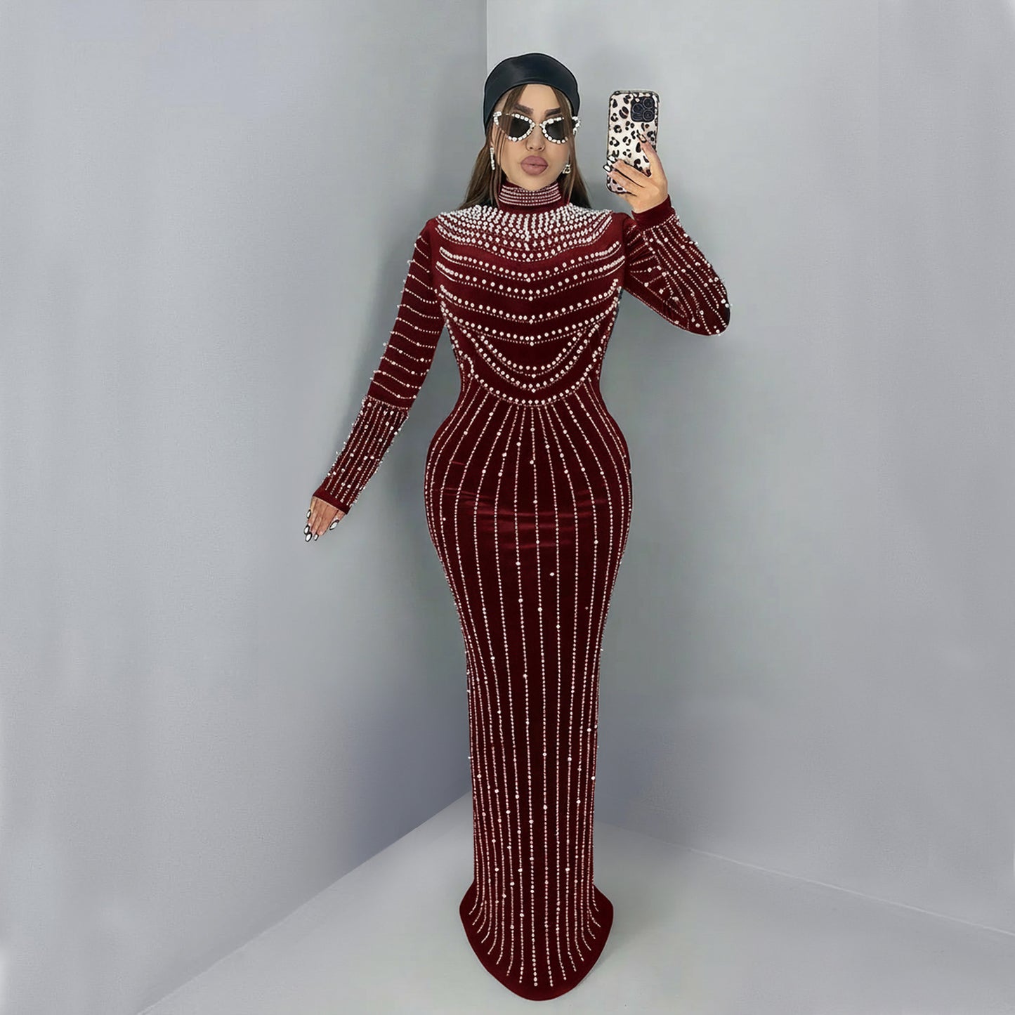 XYZ C7617 elegant velvet rhinestone long sleeve dress