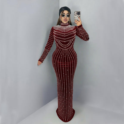 XYZ C7617 elegant velvet rhinestone long sleeve dress