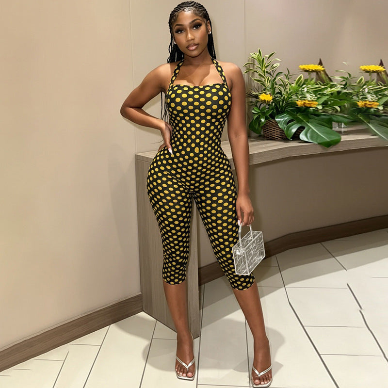 DZHT J26JP214 fashion halter backless skinny print one-piece cropped pants