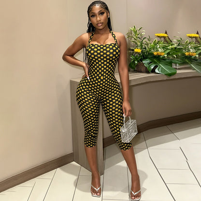 DZHT J26JP214 fashion halter backless skinny print one-piece cropped pants