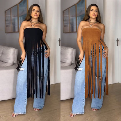 XYZ C7436 deerskin velvet tube top tassel dress