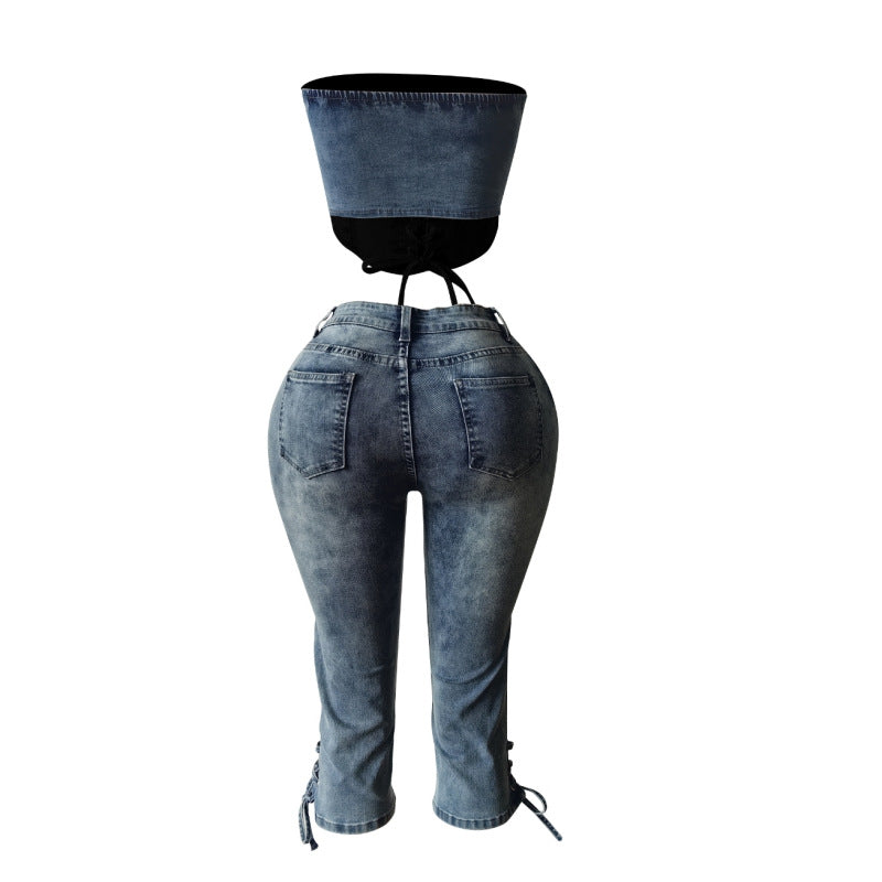 MZ (S-2XL) tube top lace-up cropped pants MZ88639 stretch lace-up denim suit