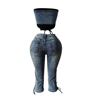 MZ (S-2XL) tube top lace-up cropped pants MZ88639 stretch lace-up denim suit