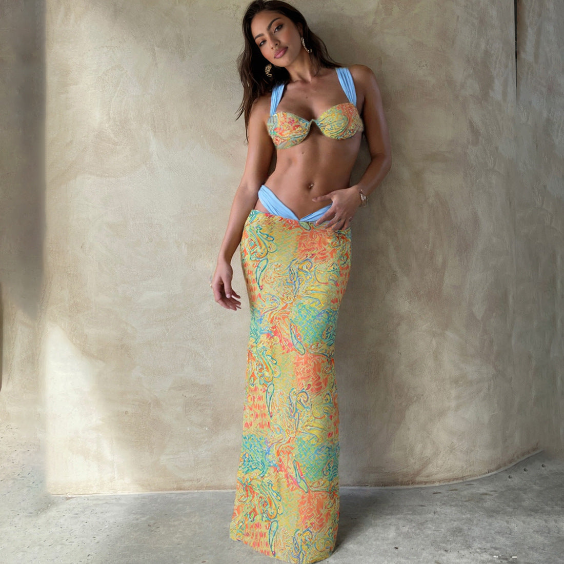 SXR spring printing color contrast tied top high waist skirt three-piece set