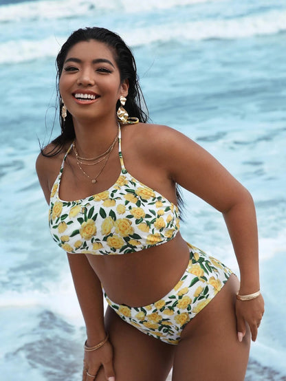 LF (L-4XL) women's split color printing swimsuit plus size