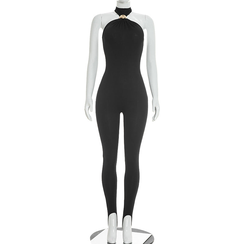 DZHT J26JP074 cold-shoulder sleeveless slim fit stirrup jumpsuit