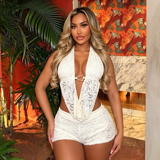 DZHT J26ST162 lace draped collar halter backless top slim shorts two-piece suit
