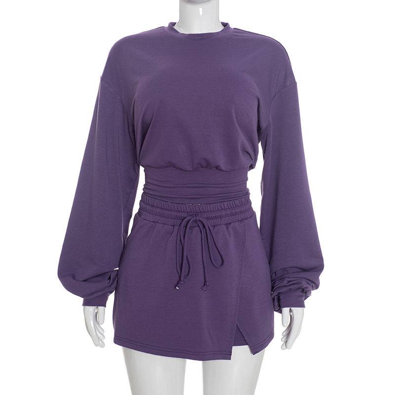 DZHT D26ST274 autumn crew neck long-sleeved sweater with drawstring skirt slim suit