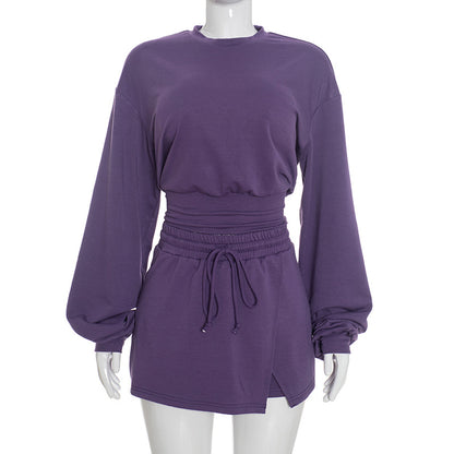 DZHT D26ST274 autumn crew neck long-sleeved sweater with drawstring skirt slim suit