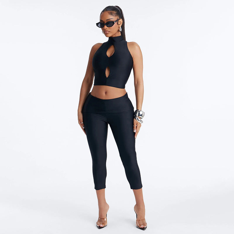 DZHT J26ST187 pure color half collar hollow out short vest double lining cropped pants two-piece set