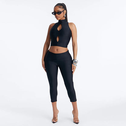 DZHT J26ST187 pure color half collar hollow out short vest double lining cropped pants two-piece set