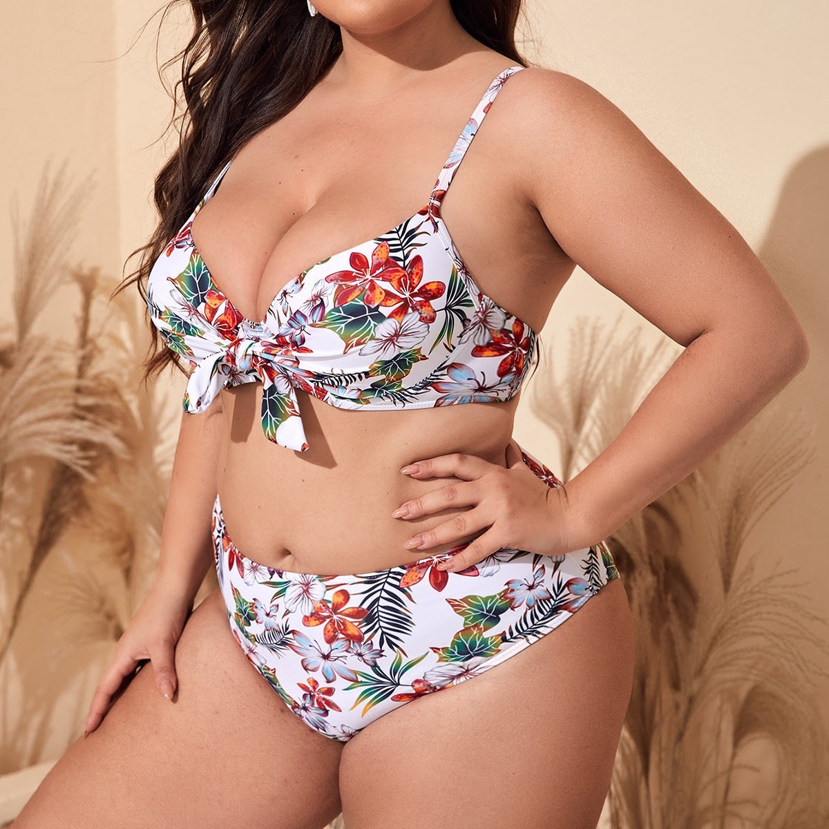 LF (L-4XL) women's split color printing swimsuit plus size