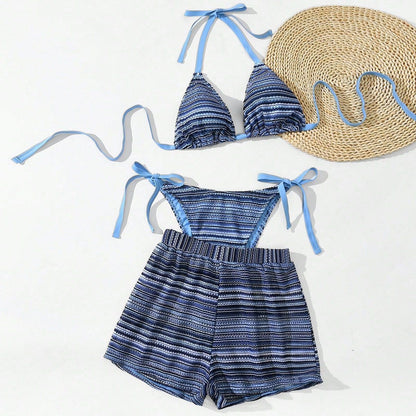 CL (L-4XL) sexy halter lace-up bikini plus size swimsuit split beach shorts three-piece suit